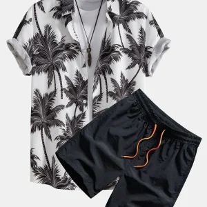 Button-down shirt en zwemshort met palmboomprint