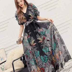 Tijdloze Pofmouwen V-Hals Bloemenjurk Mode