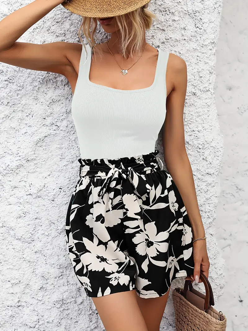 Casual Effen Tanktop en Kort Met Bloemenpatroon - Afbeelding 3