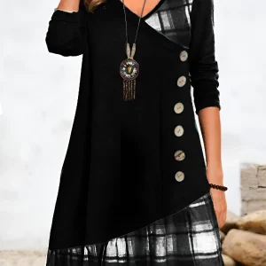 V-hals knoopjurk met lange mouwen voor dames