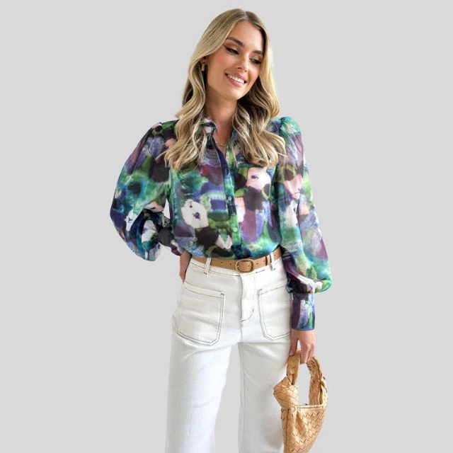 Blouse met knoopsluiting en abstracte print - Afbeelding 7