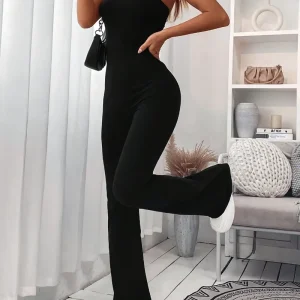Stoere jumpsuit met wijde pijpen en uitlopende pijpen