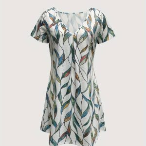 Jurk met V-hals en bladmotief