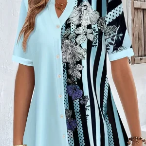 Dames Plus Size Contrastkleurige Bloemenblouse