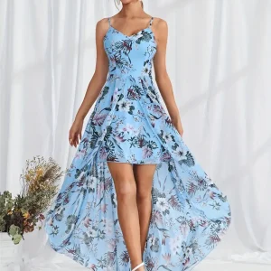 Elegante maxi feestjurk met spaghettibandjes en bloemenprint