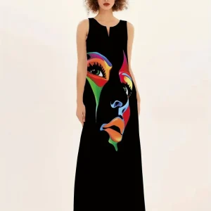 Maxi-jurk met abstracte gezichtsbedrukking